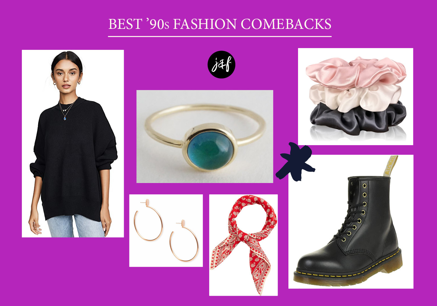 A bright violet graphic with the words "Best '90s fashion comebacks" and a collage with an oversized sweater, mood ring, scrunchies, hoop earrings, bandana, and fashion combat boot.