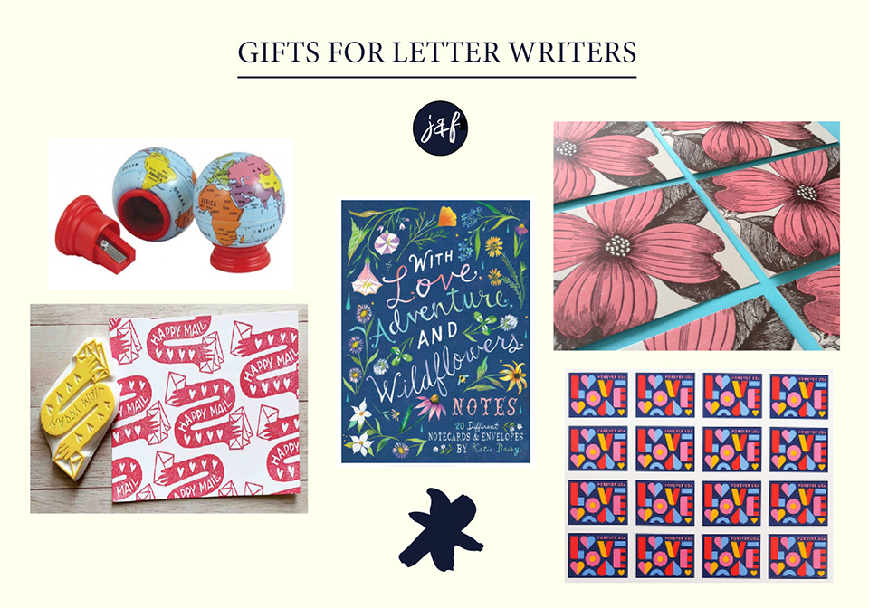 A cream-colored graphic with the words "Gifts for Letter Writers" and a photo collage with a pencil sharpener shaped like a globe, a rubber stamp that says Happy Mail, photos of floral notecards, and Love postage stamps.