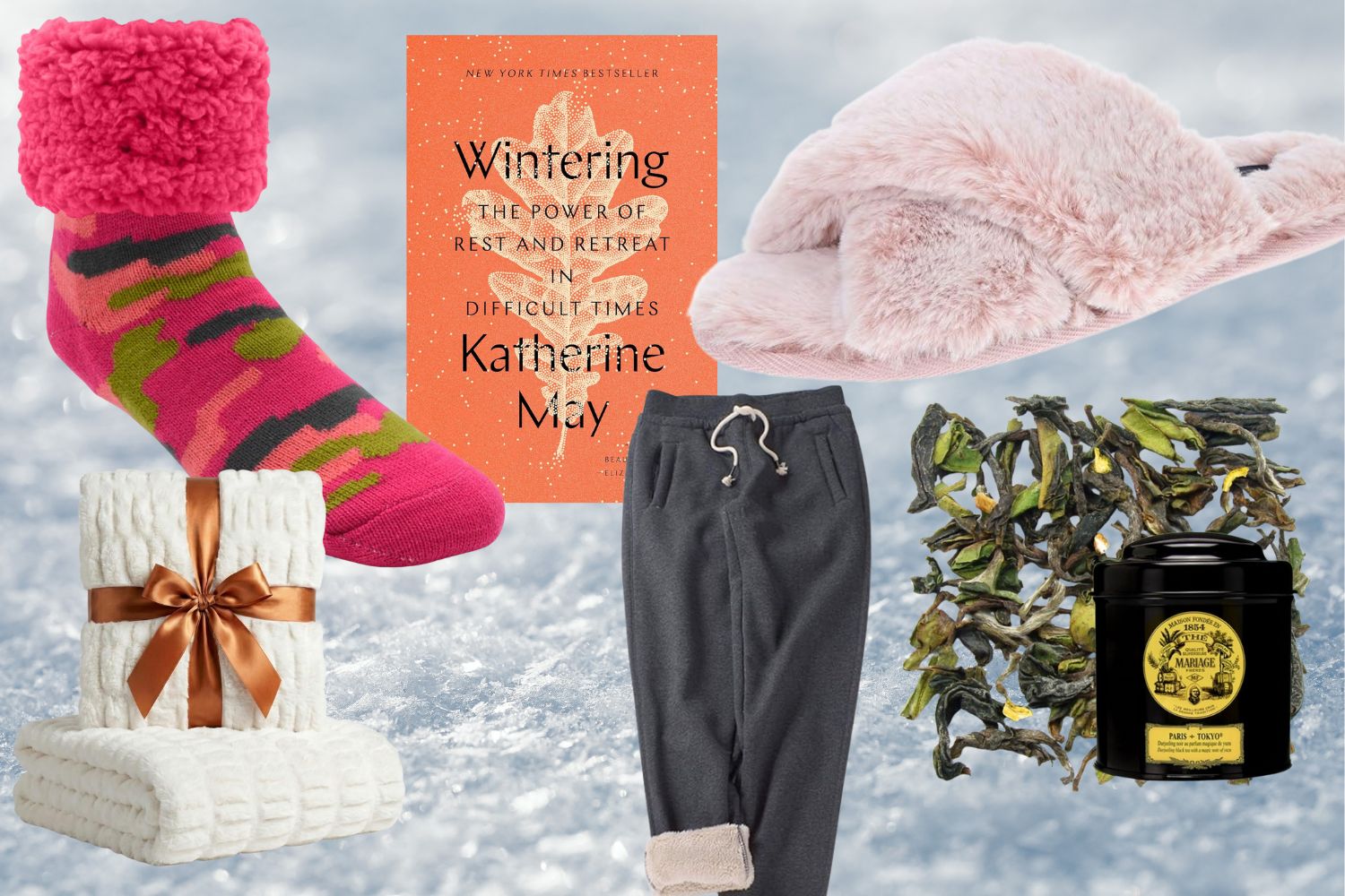 Winter wellness products to help SAD: cozy socks, sherpa pants, slippers, and tea
