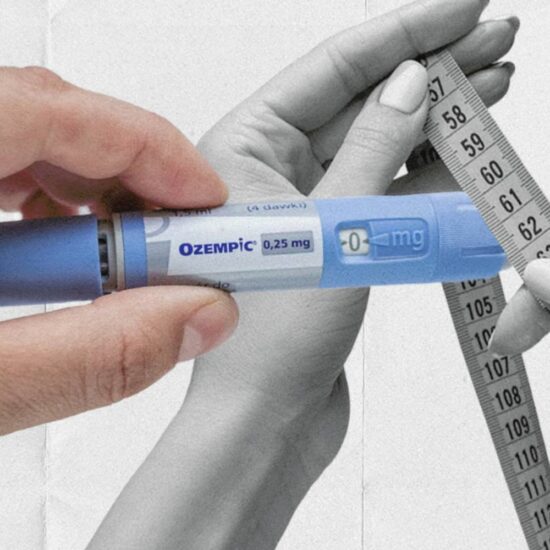 Male hand holding Ozempic syringe with women's hands in the background holding measuring tape
