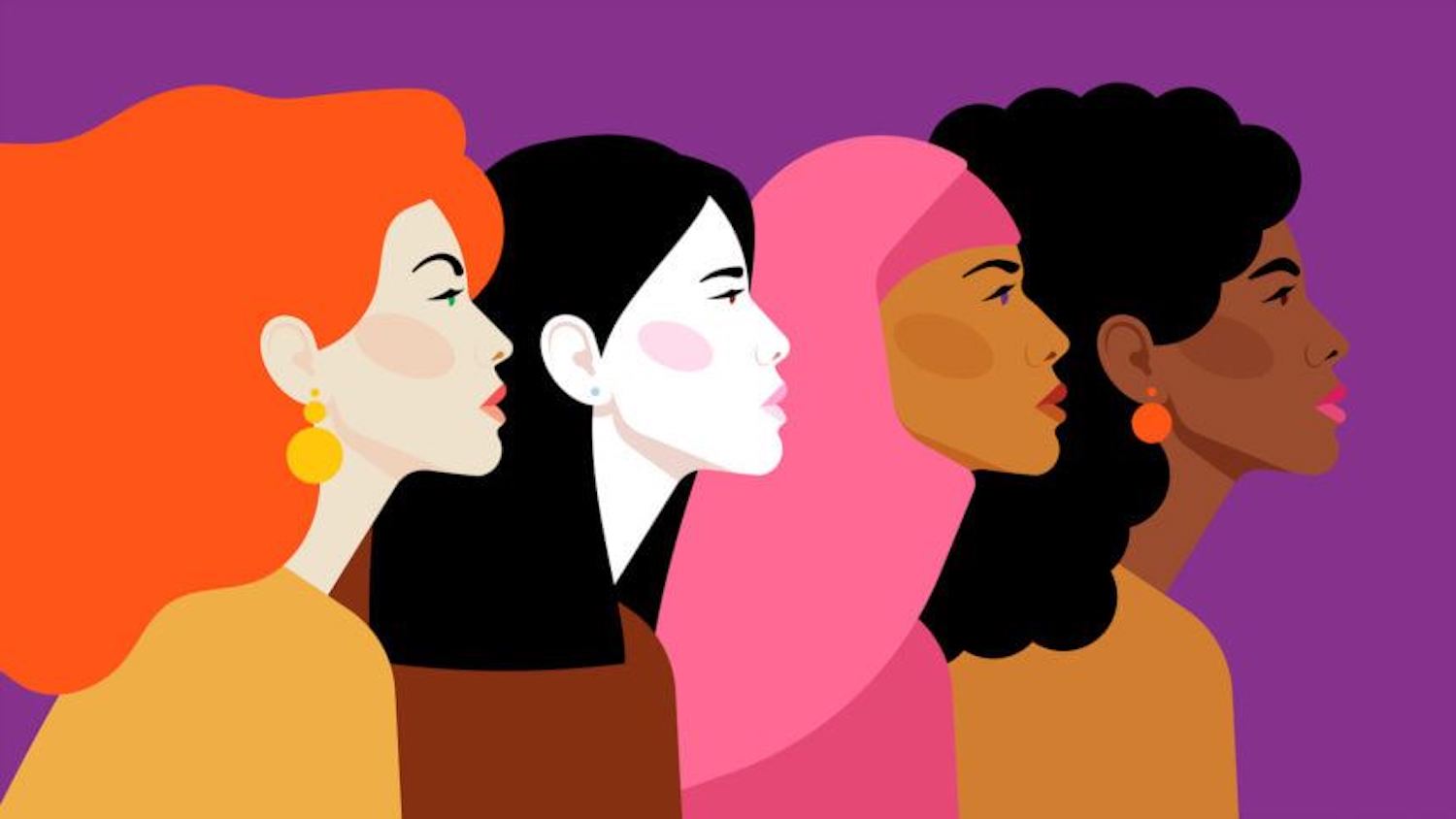 illustration of four women, one with red fluffy hair, one with black straight hair, one with a hijab, and one with curly balk hair