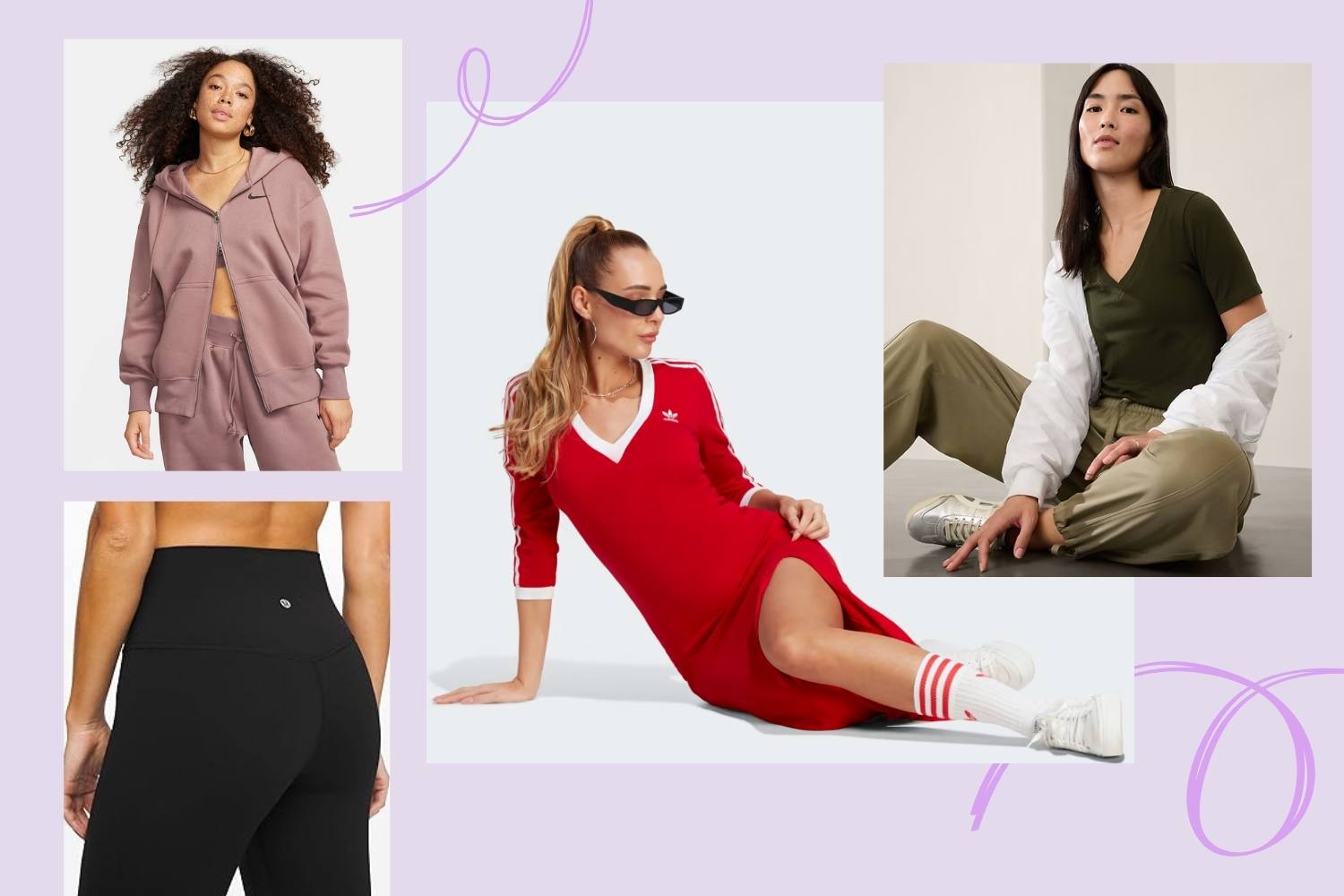 4 women in leggings, sweats, and comfy clothes