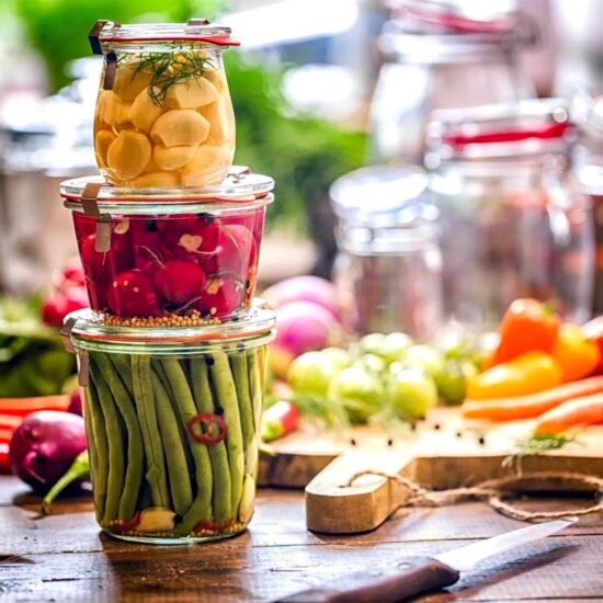 three jars of fermented foods on a kitchen counter