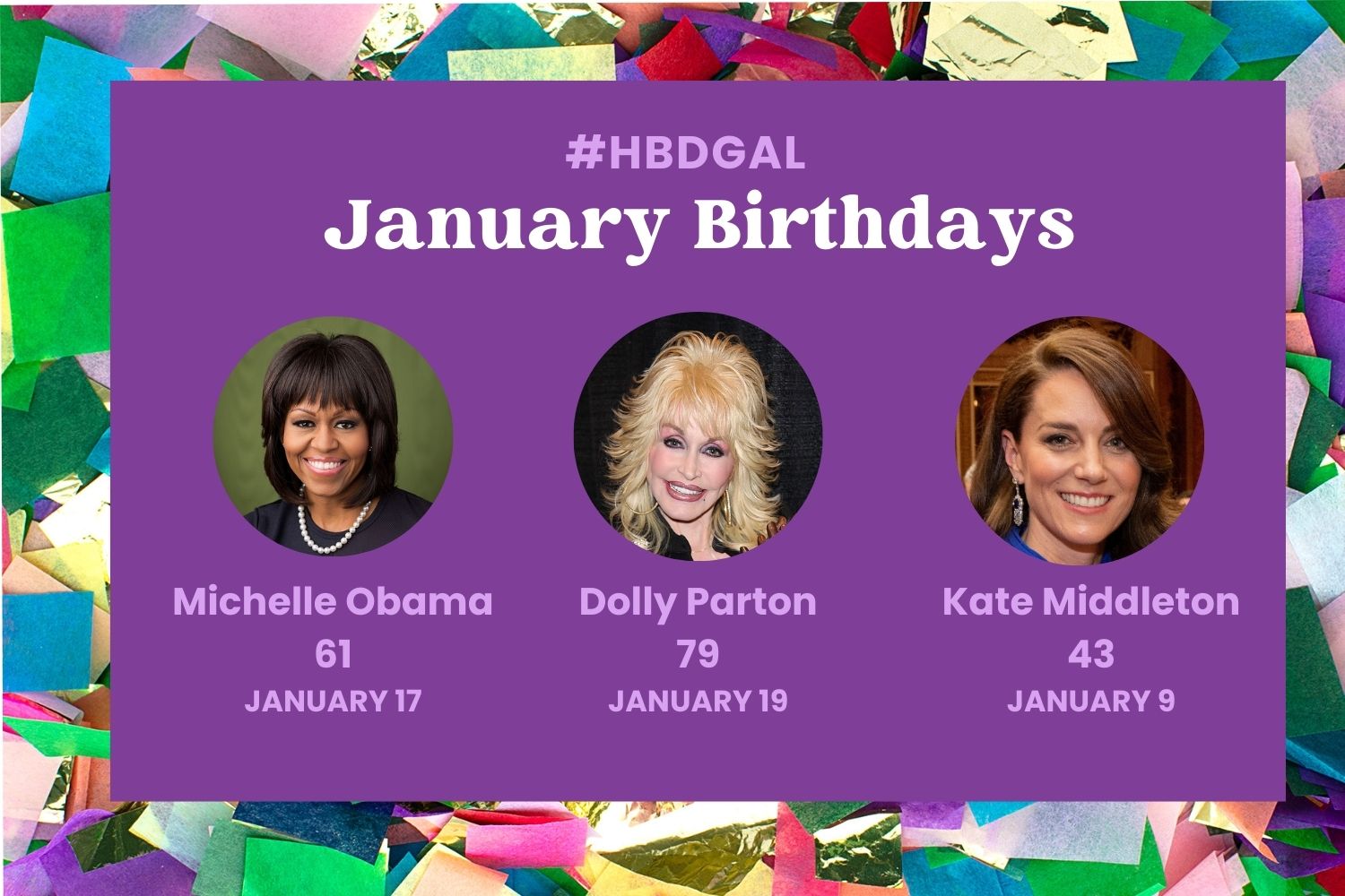 January birthdays featuring Michelle Obama, Dolly Parton, Kate Middleton