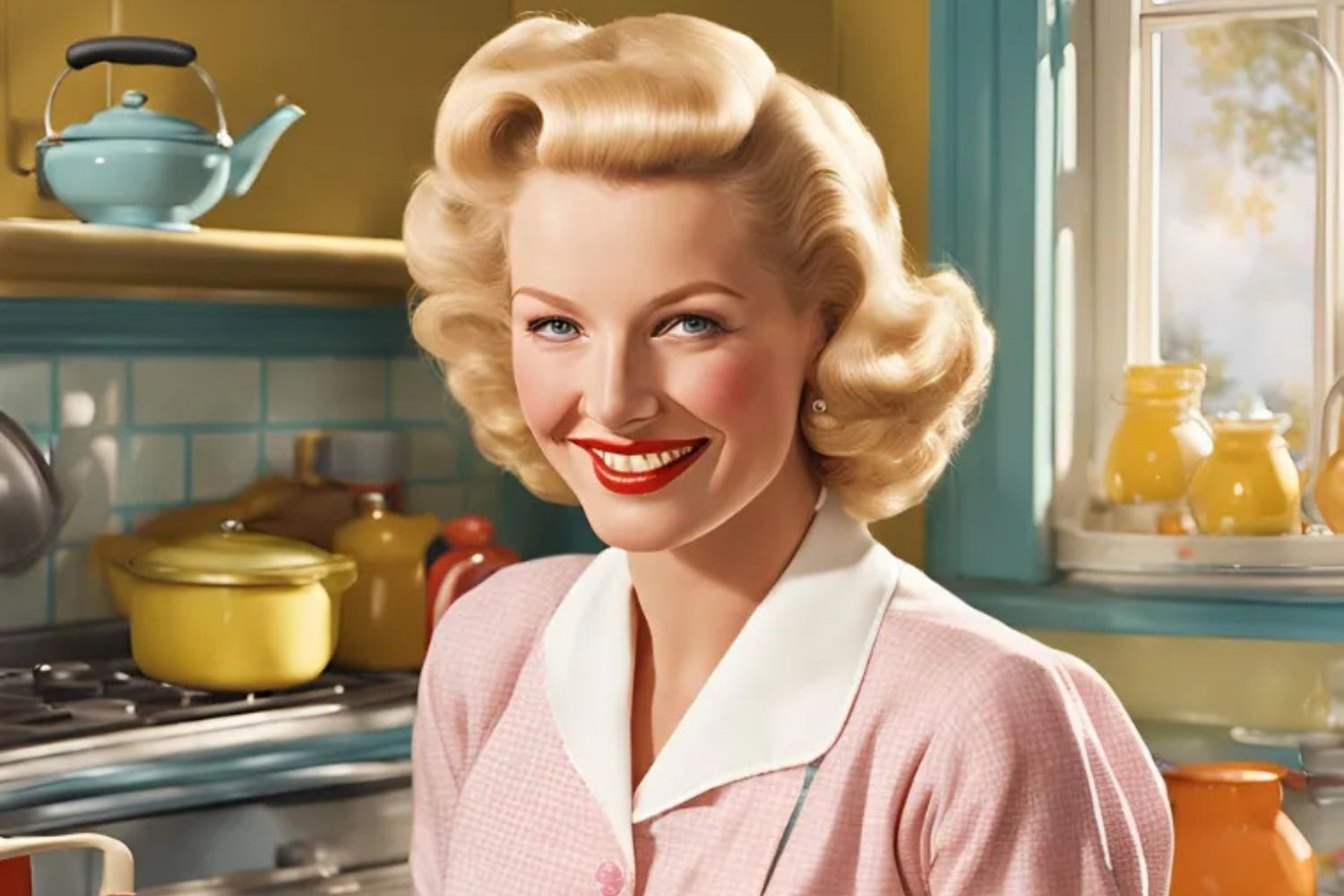 blonde woman in kitchen in 1950s aesthetic