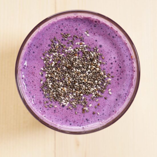 Chia seeds in blueberry smoothie