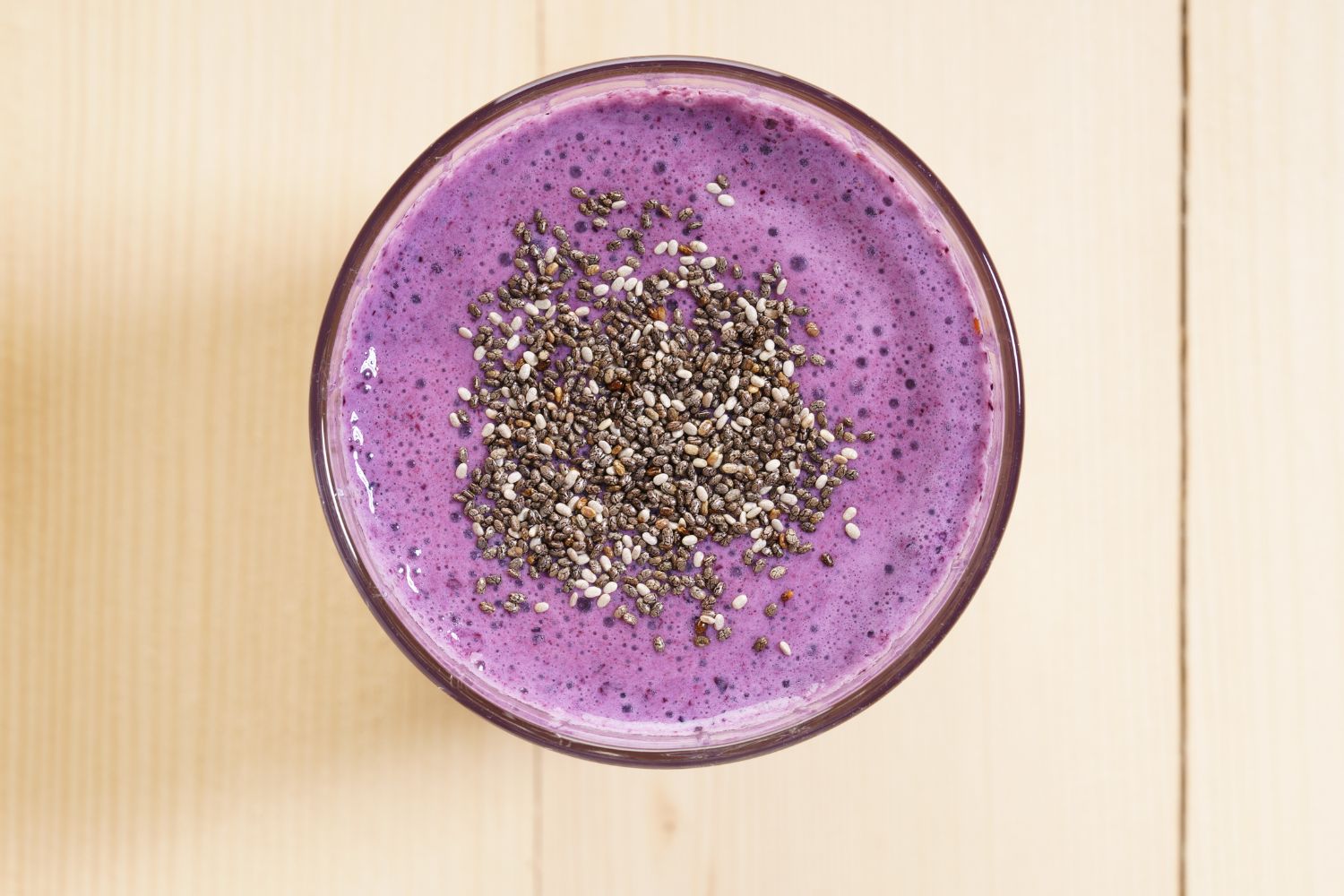 Chia seeds in blueberry smoothie