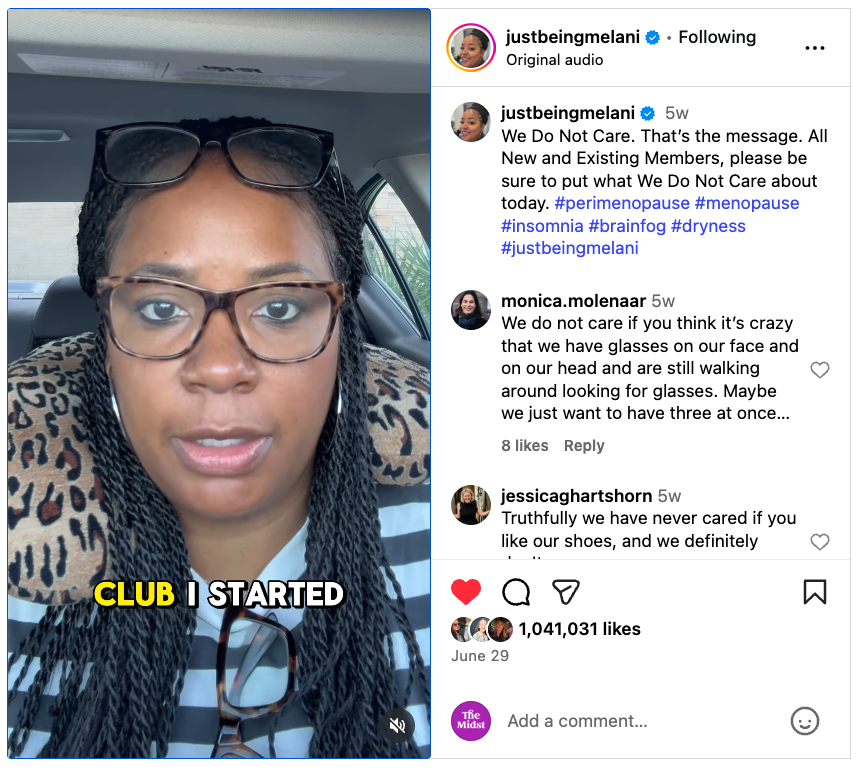 Melani Sanders Instagram video welcoming new members to the We Do Not Care Club.