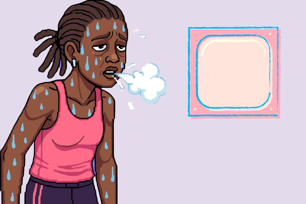 An image of a woman sweating and looking at an illustration of the estradiol patch.