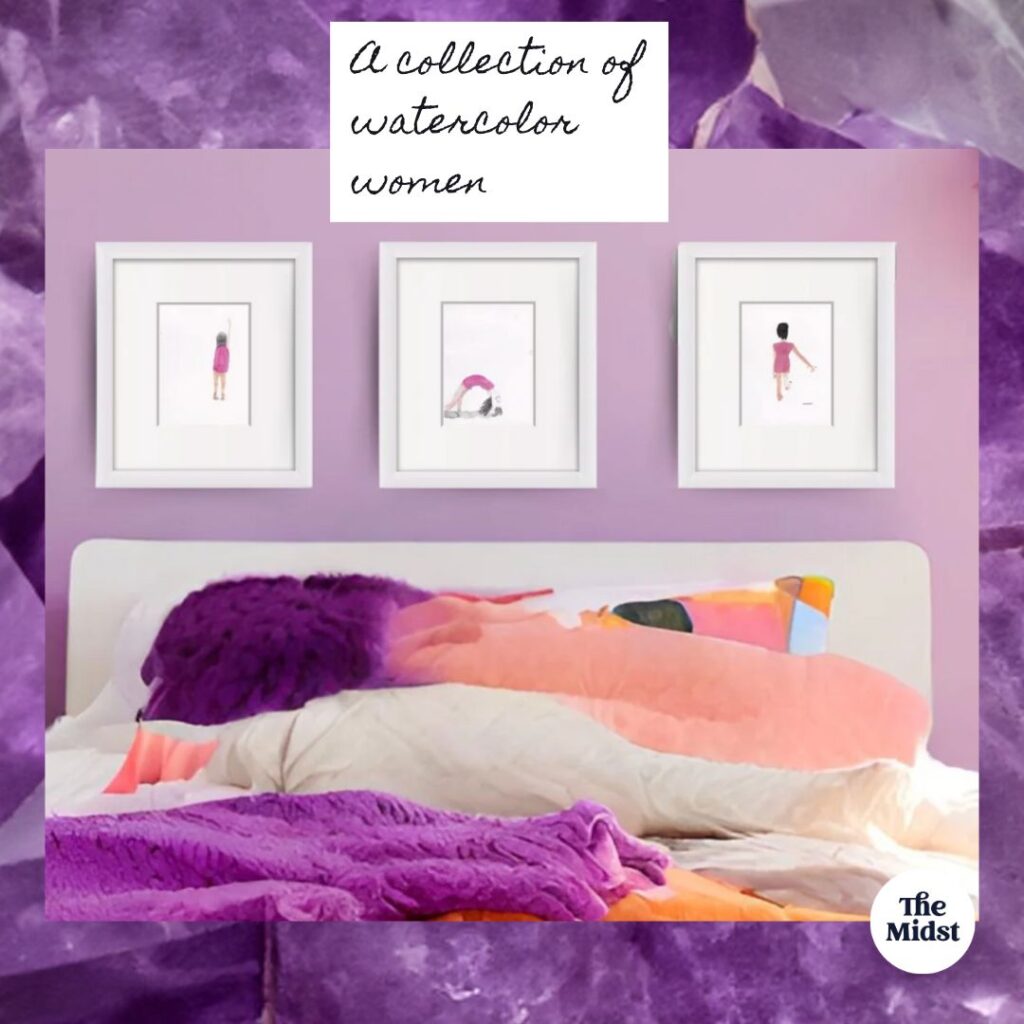 a lavender room with watercolor-painted artwork of women wearing pink