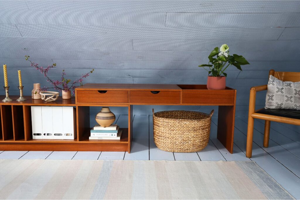 Danish modern shelves converted into a desk with storage