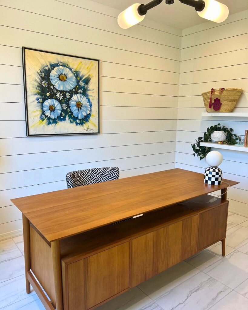 West Elm Midcentury desk and midcentury original daisies art