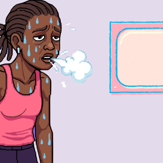 An illustration of a woman sweating profusely and also an illustration of an estradiol patch