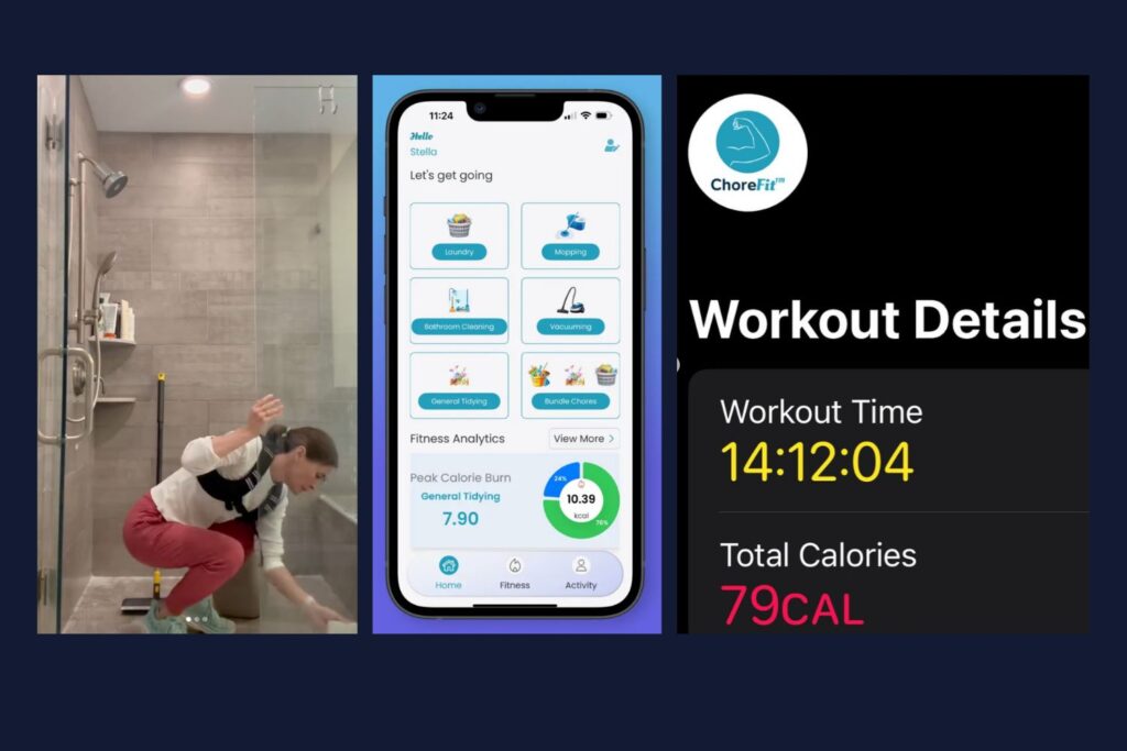 3 photos: Stella Tamul cleaning a shower while wearing a weighted vest; a screenshot of the ChoreFit app and Workout details