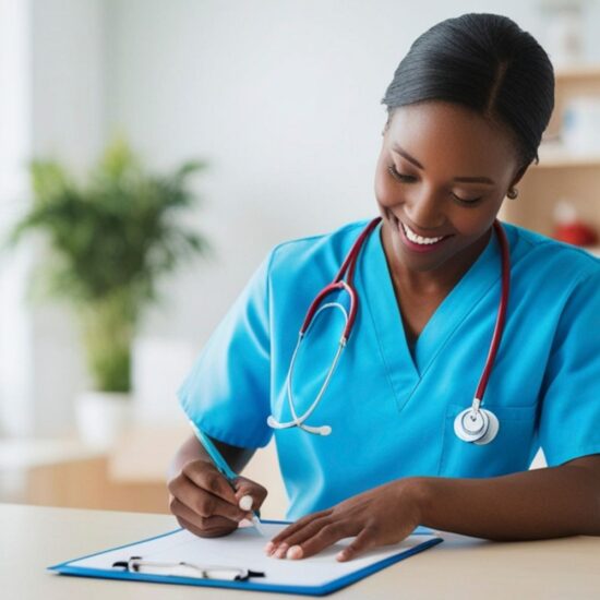 A woman medical professional writing on a chart