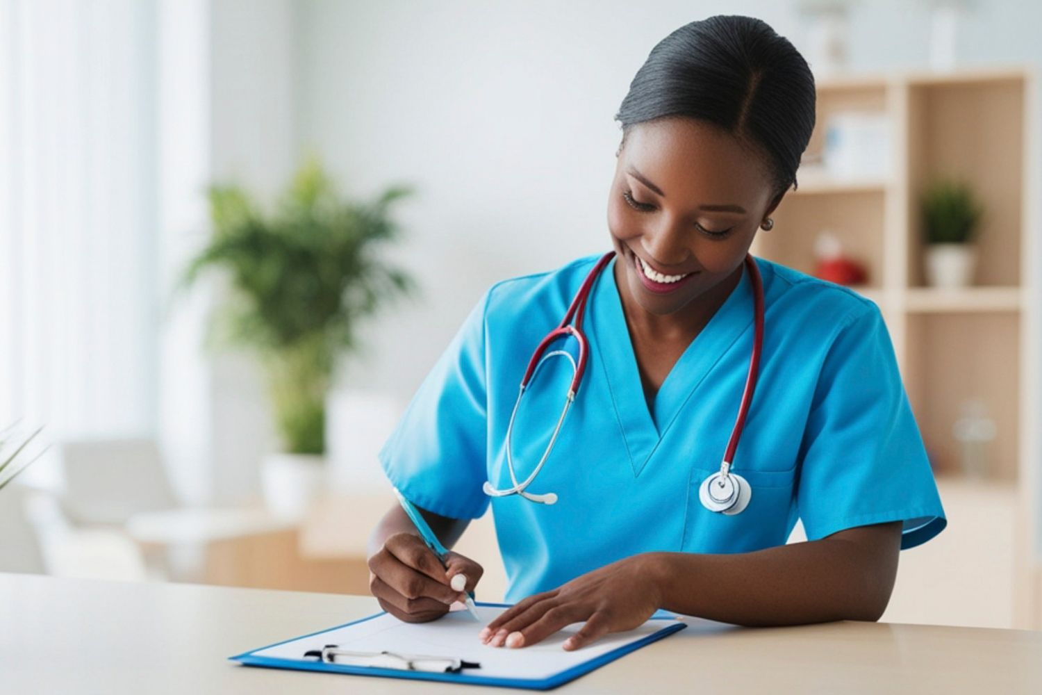 A woman medical professional writing on a chart