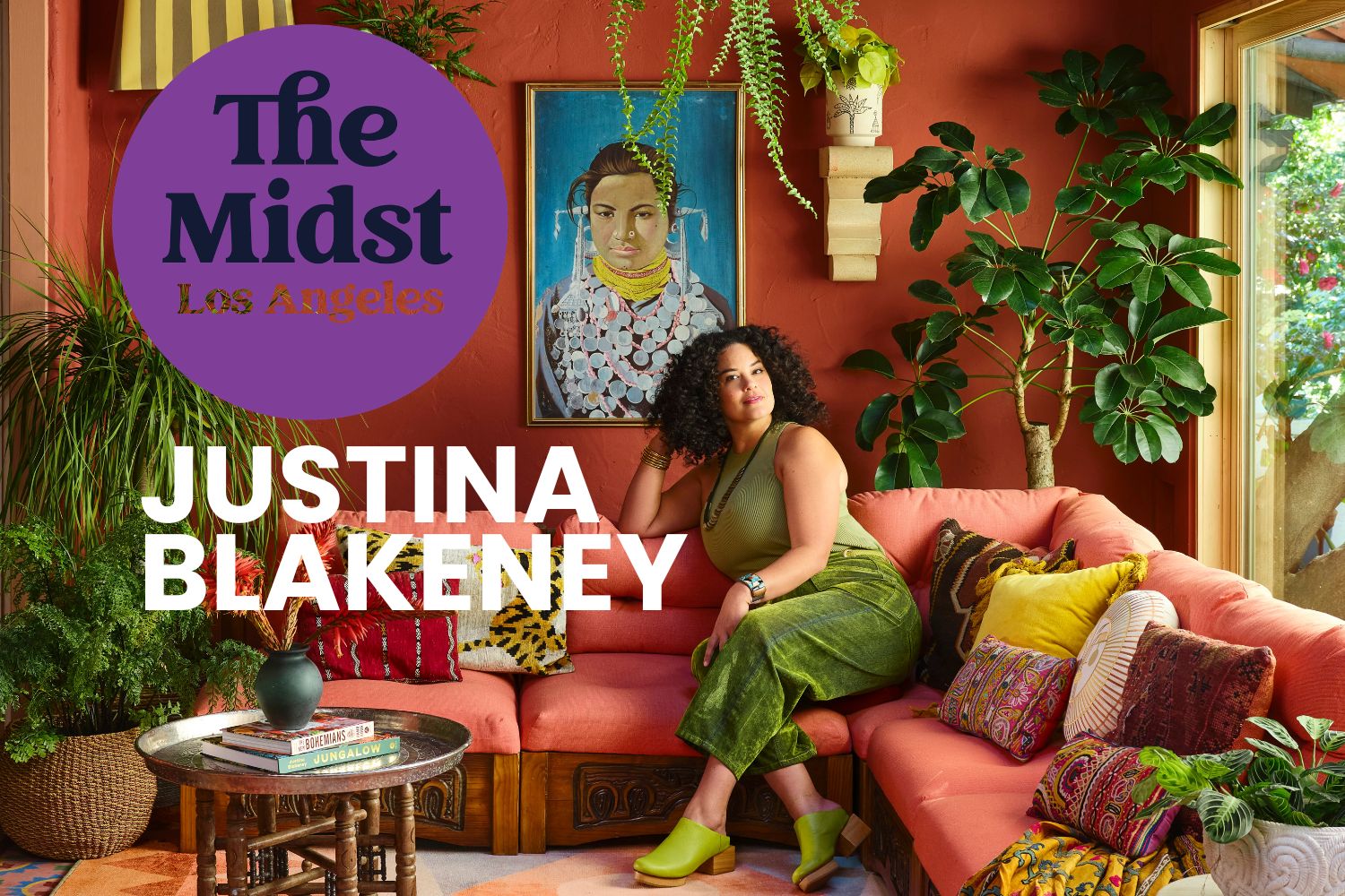 Justina Blakeney of the Junagalow on her sofa at home